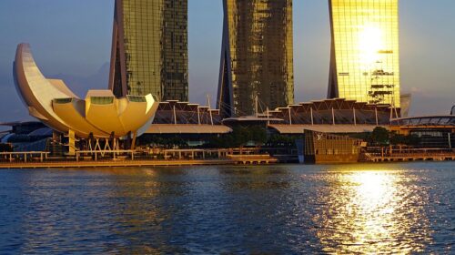 singapore, marina bay sands, artscience museum, landmark, singapore river, nature, blue sky, hotel, tourism, travel, sunset, golden, refection, blue hotel