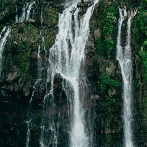 Breathtaking waterfall cascading amidst lush greenery at La Réunion, France.