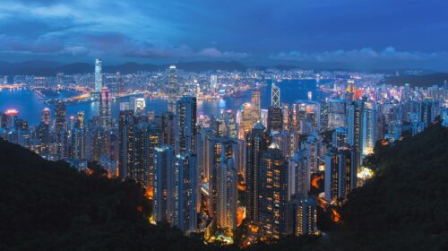 A breathtaking view of Hong Kong's illuminated skyline at night from Victoria Peak.