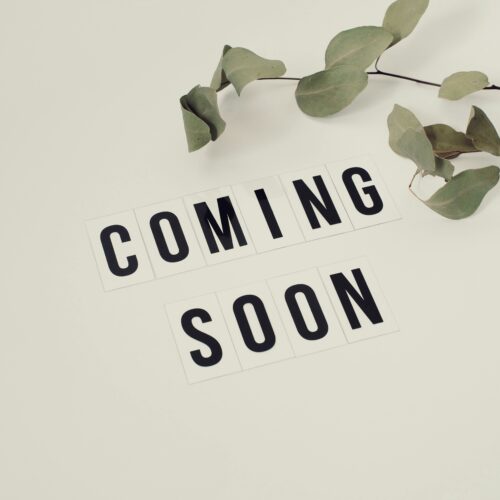 Eucalyptus branch with 'Coming Soon' message on white background for announcements.